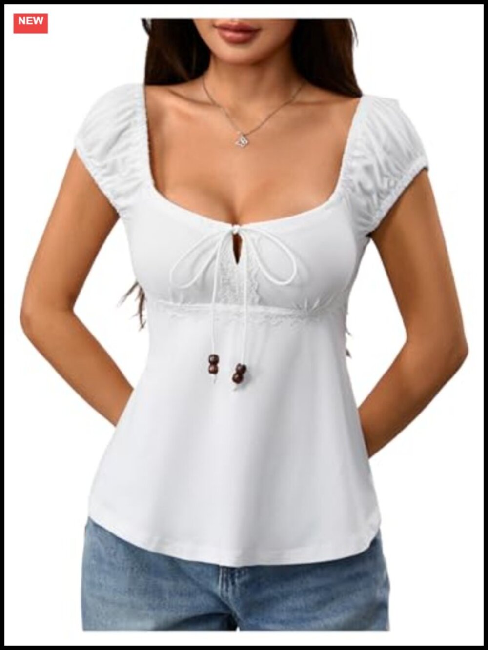 Women's Square Neck Babydoll Tee with Contrast Lace Puff Sleeves